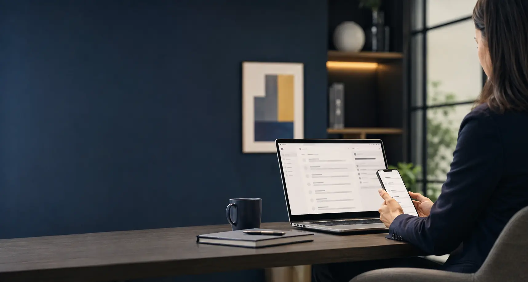 Profesional configurando correo empresarial en una computadora y un teléfono