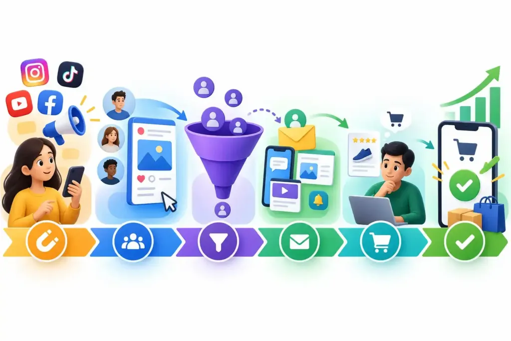Proceso del marketing digital desde la atracción de clientes hasta la conversión mediante canales digitales