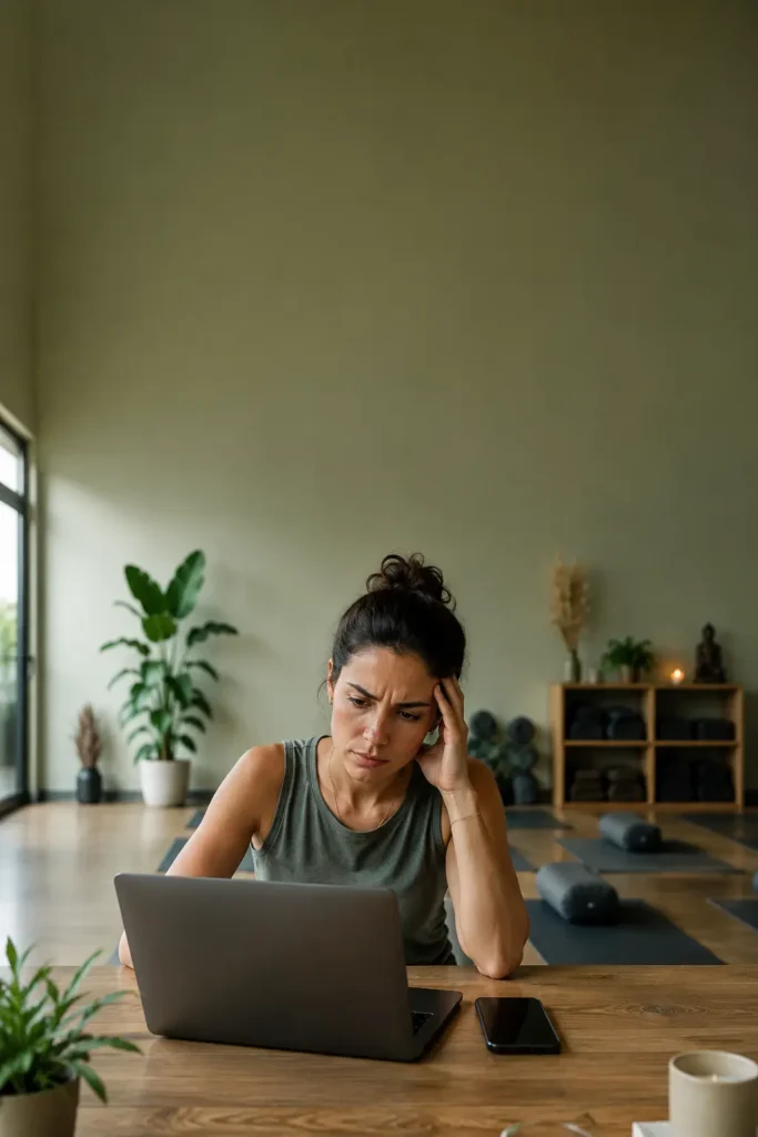 Empresaria de academia de yoga trabajando en una laptop mientras busca cómo crear videos para redes sociales
