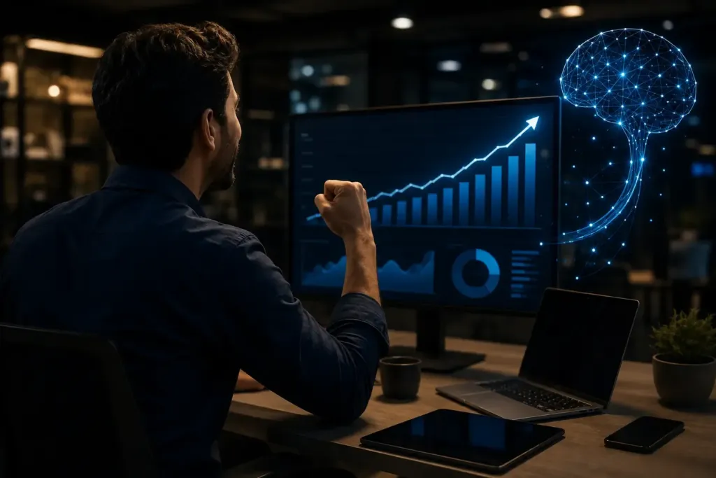 Empresario analizando datos de ventas con inteligencia artificial para optimizar precios, aumentar ganancias y mejorar la rentabilidad de su negocio.
