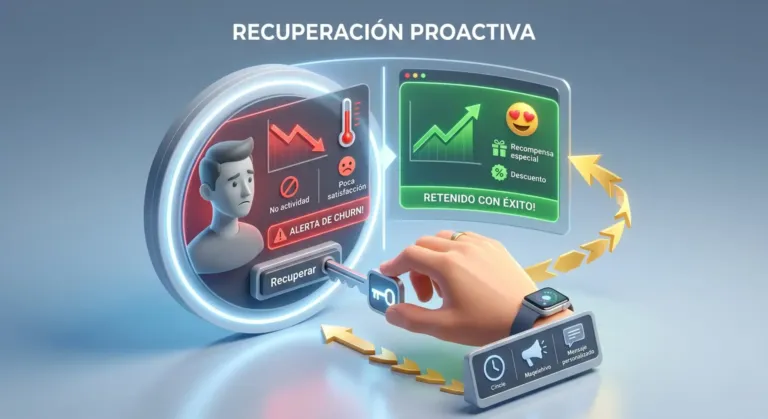 Retención de clientes con IA analizando patrones de comportamiento para detectar usuarios en riesgo de abandono antes de que se vayan.