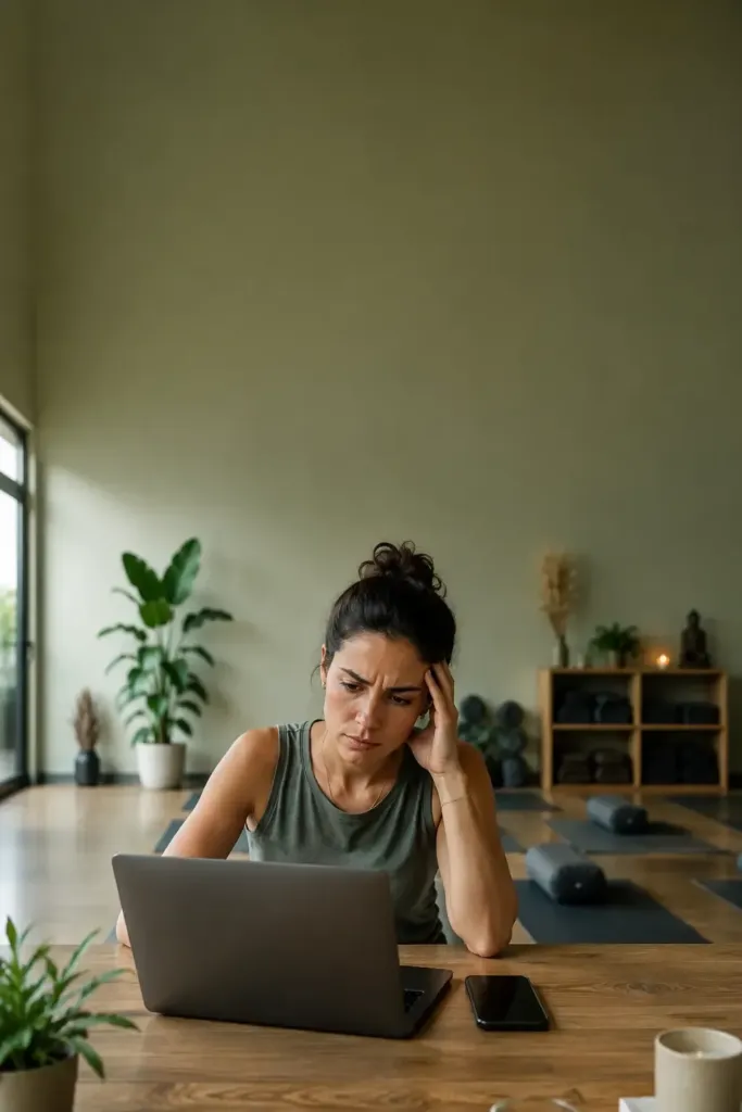 Empresaria de academia de yoga trabajando en una laptop mientras busca cómo crear videos para redes sociales