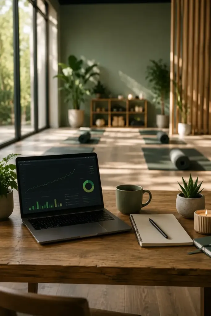 Estudio de yoga con laptop mostrando métricas de crecimiento gracias al video marketing