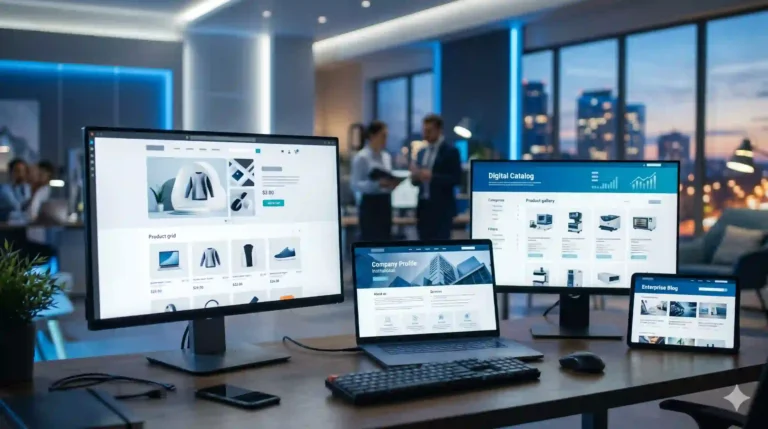 Tipos de páginas web para empresas mostrados en pantallas digitales con diseño profesional