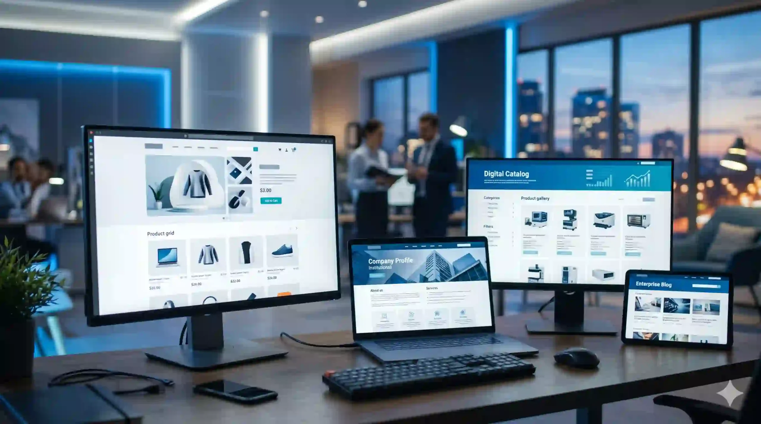 Tipos de páginas web para empresas mostrados en pantallas digitales con diseño profesional