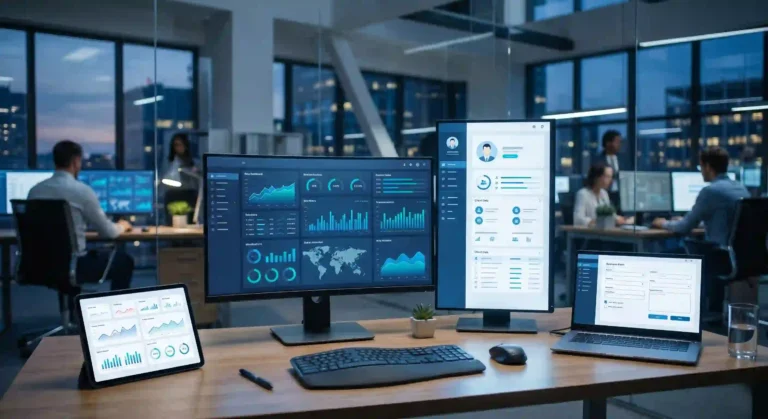 Aplicaciones web para empresas con dashboard, formularios y métricas digitales en pantallas modernas