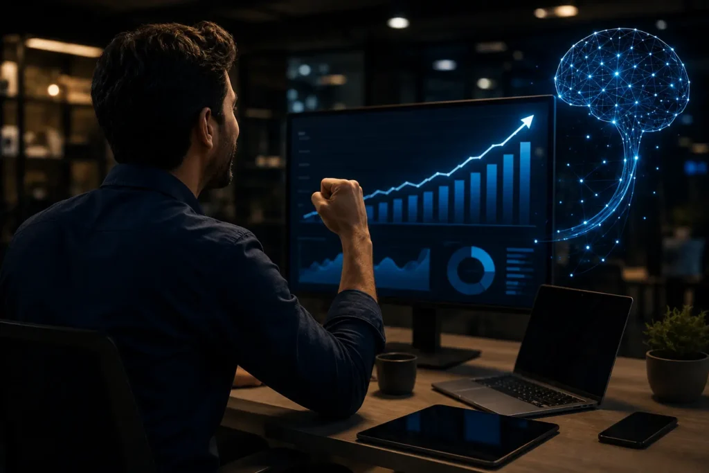Empresario analizando datos de ventas con inteligencia artificial para optimizar precios, aumentar ganancias y mejorar la rentabilidad de su negocio.
