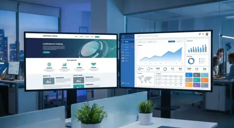 Página web vs aplicación web comparadas en pantallas digitales para empresas