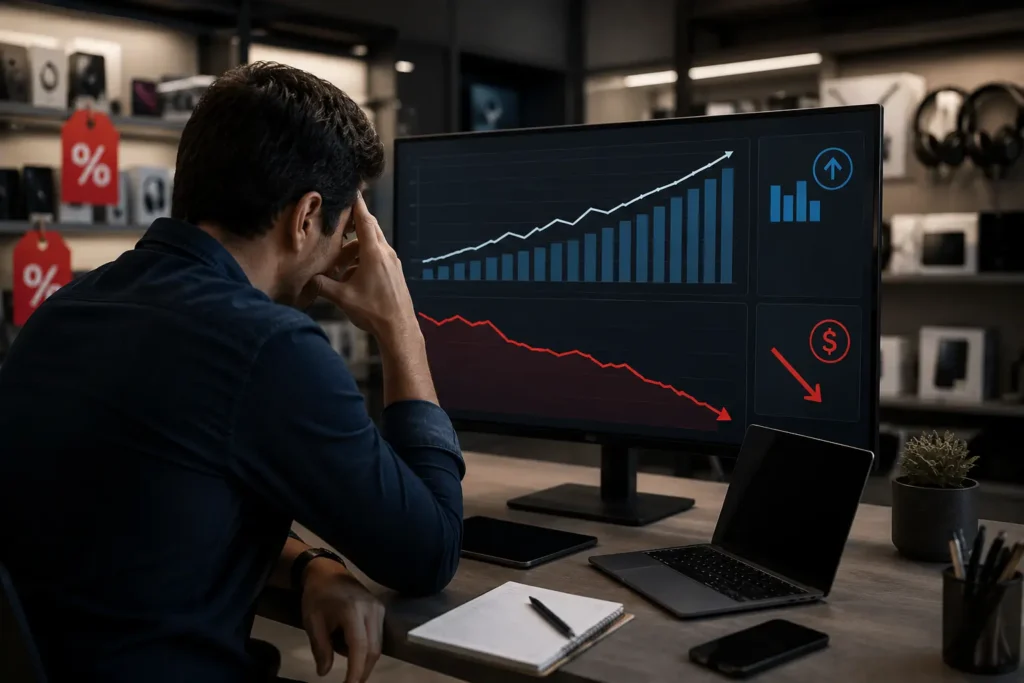 Empresario analizando ventas y ganancias en una tienda de tecnología mientras revisa el impacto de promociones y descuentos en la rentabilidad del negoci
