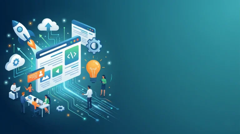 Desarrollo web para empresas con equipo analizando una página profesional en pantallas digitales