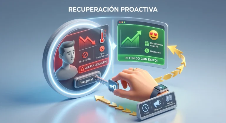 Retención de clientes con IA analizando patrones de comportamiento para detectar usuarios en riesgo de abandono antes de que se vayan.