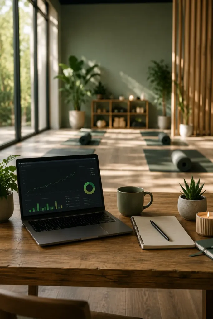 Estudio de yoga con laptop mostrando métricas de crecimiento gracias al video marketing
