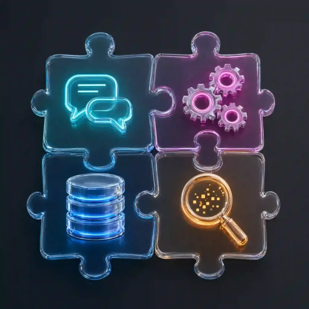Representación en 3D de piezas de rompecabezas digitales acoplándose para simbolizar la integración de software empresarial.
