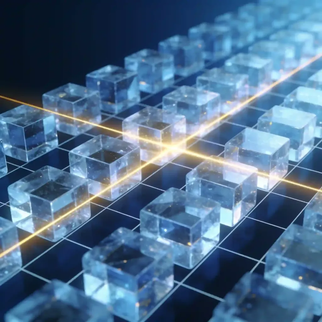 Estructura conceptual de bloques de datos alineados con luz láser para representar la seguridad e integración de sistemas.
