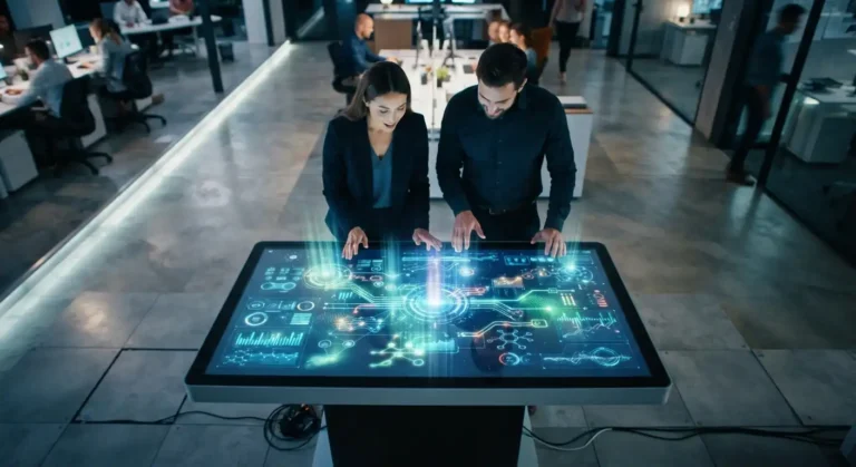 Panel digital de automatización de procesos con inteligencia artificial y flujos de datos operativos en una PYME.