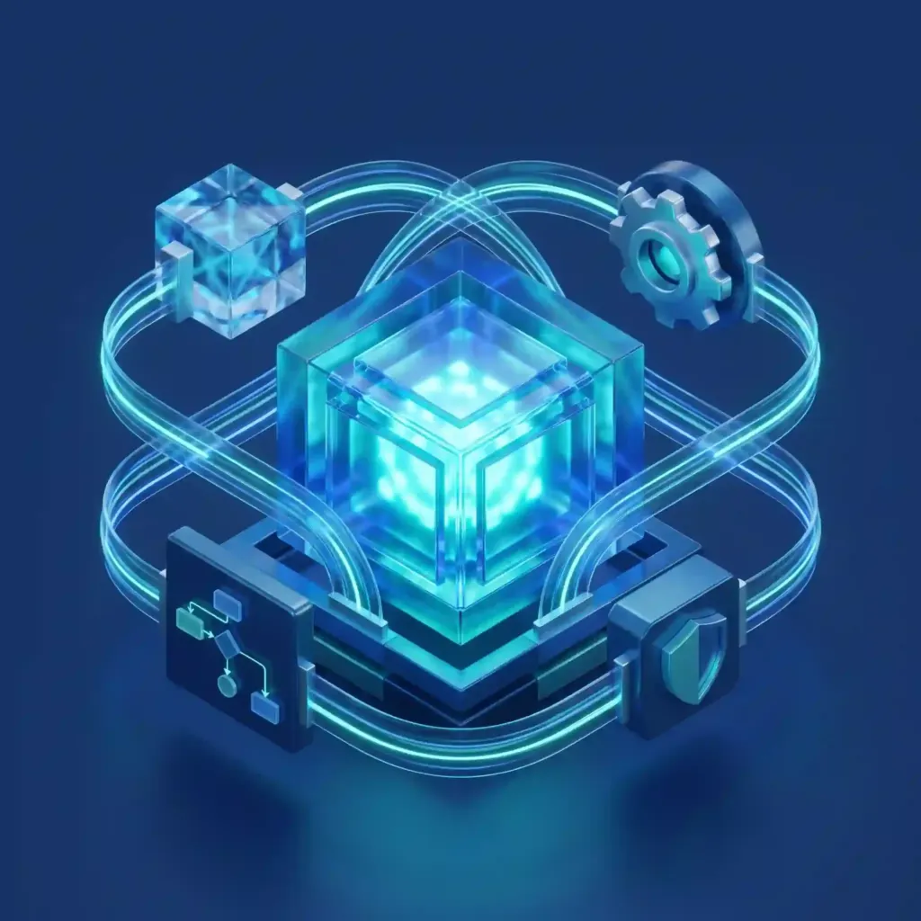 Esquema tridimensional que muestra los componentes de un agente autónomo de inteligencia artificial: cerebro, memoria, planificación y herramientas.