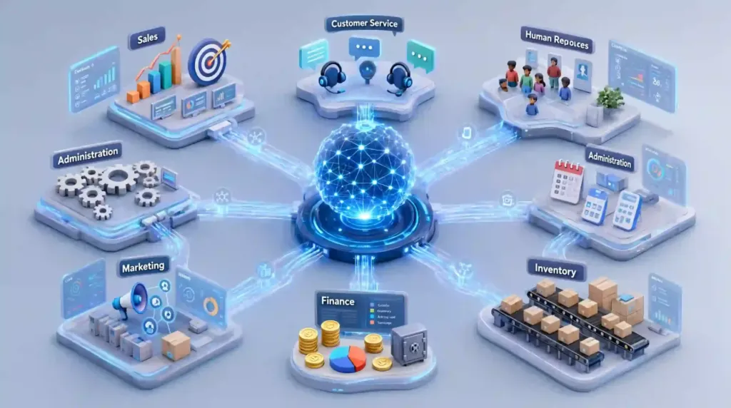 Procesos empresariales automatizados mediante Inteligencia Artificial en las áreas de ventas, administración, marketing y atención al cliente.
