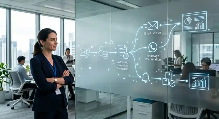 Automatización empresarial con inteligencia artificial optimizando procesos y atención al cliente en una empresa moderna.
