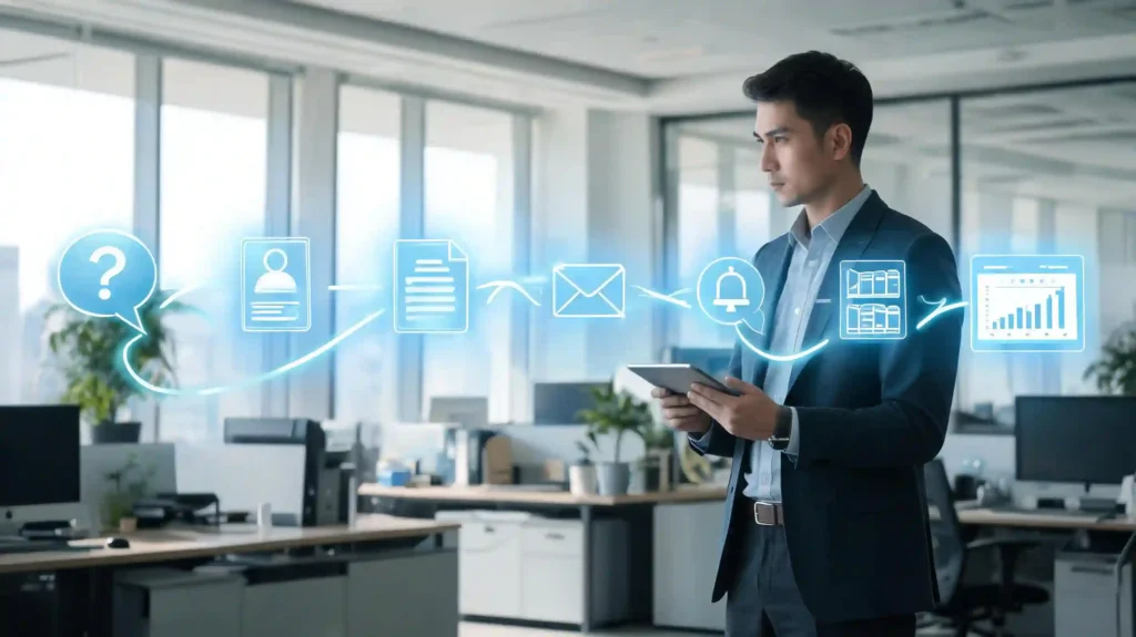 Flujo de automatización de procesos empresariales con inteligencia artificial, CRM, cotizaciones automáticas y gestión de clientes.
