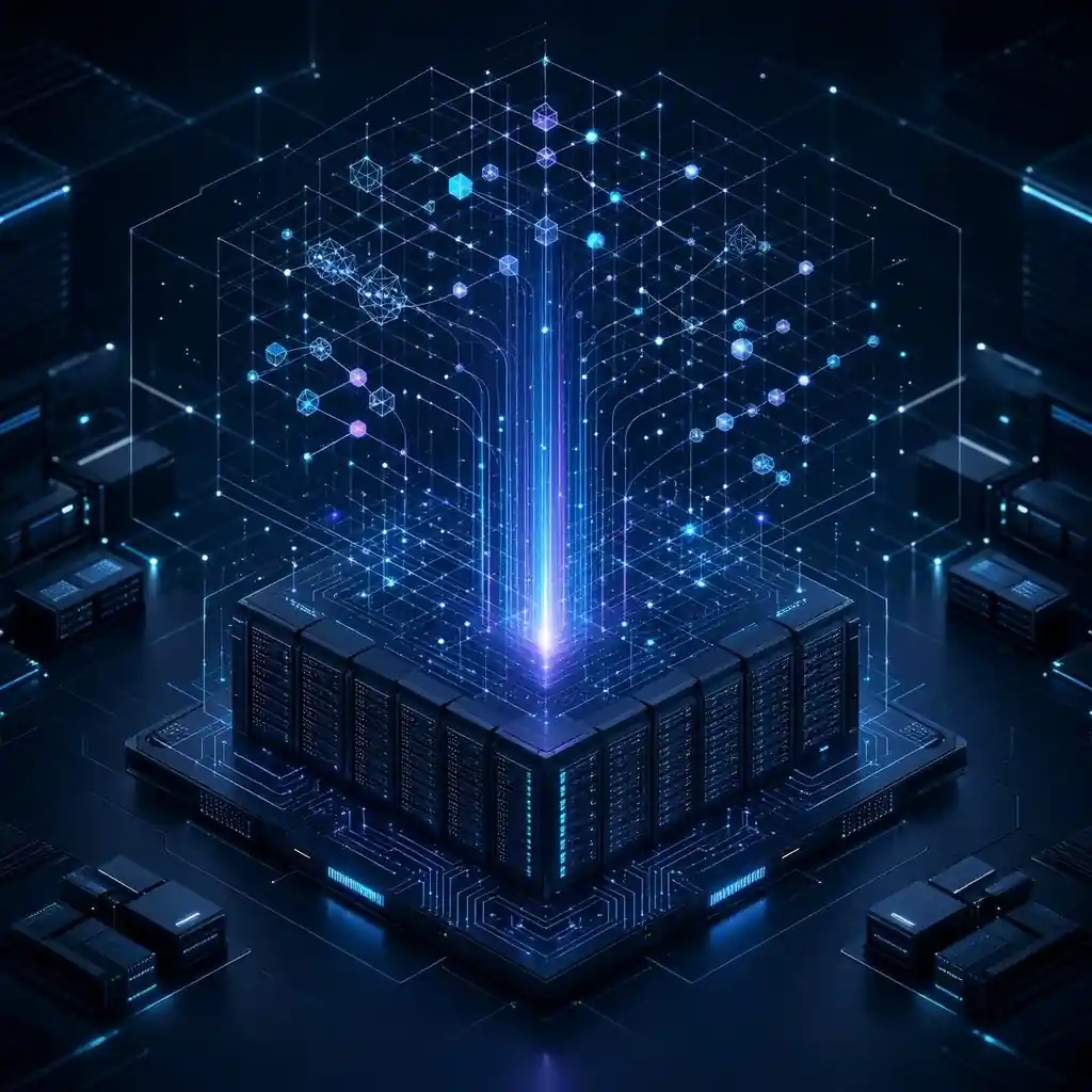 Diseño isométrico de una base de datos vectorial procesando coordenadas de texto para inteligencia artificial.