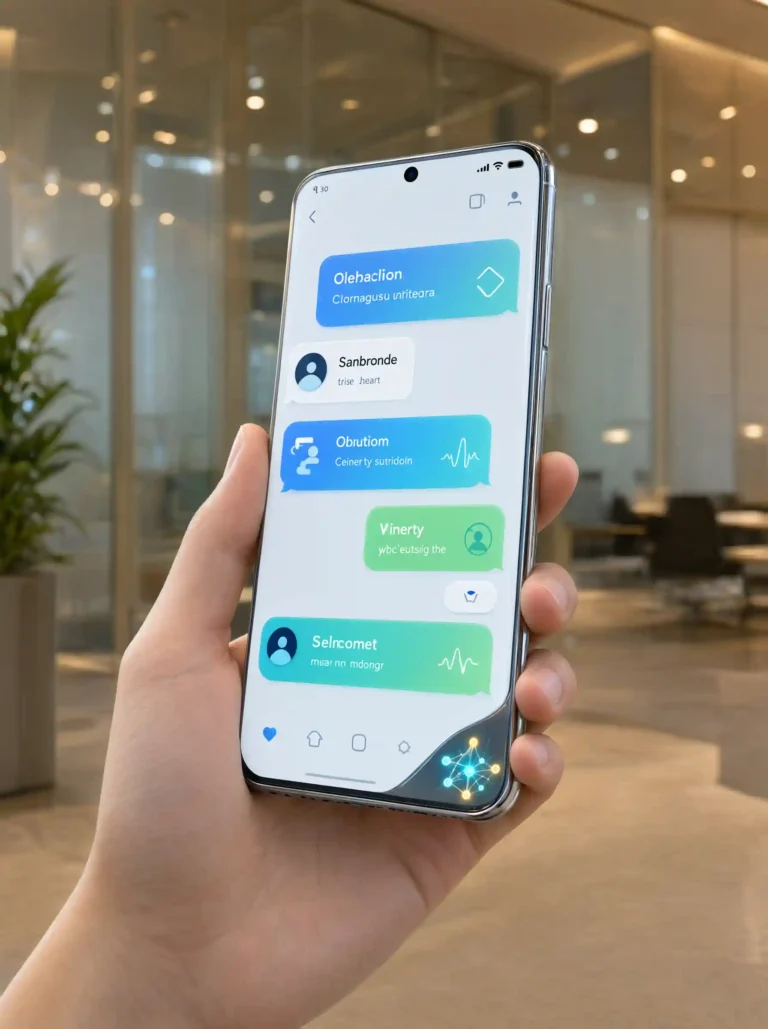 Teléfono móvil mostrando una interfaz de chat inteligente y fluida con un icono de asistente virtual de IA en una oficina moderna.