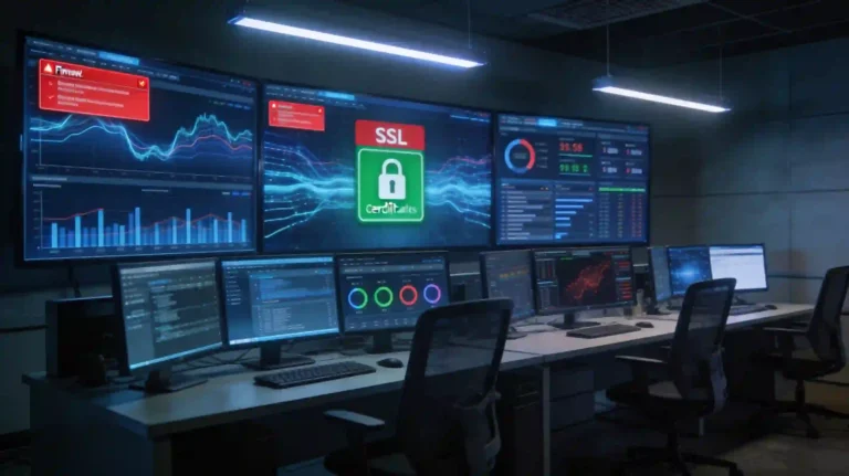 Seguridad web para empresas con firewall, certificado SSL y monitoreo continuo de un sitio empresarial.