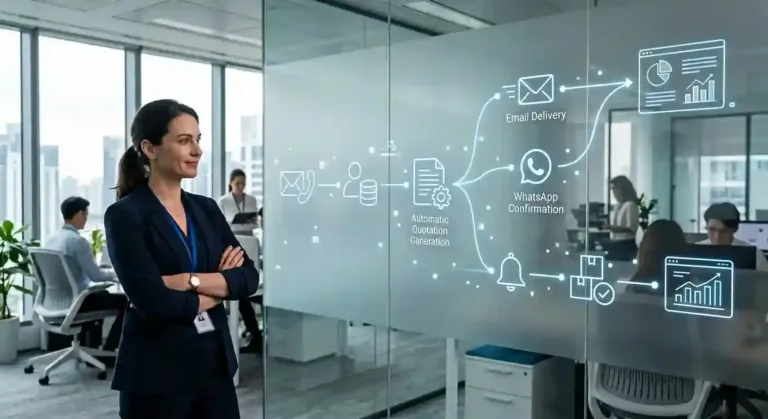 Automatización empresarial con inteligencia artificial optimizando procesos y atención al cliente en una empresa moderna.