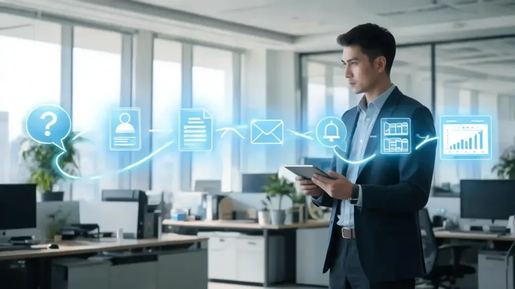 Flujo de automatización de procesos empresariales con inteligencia artificial, CRM, cotizaciones automáticas y gestión de clientes.