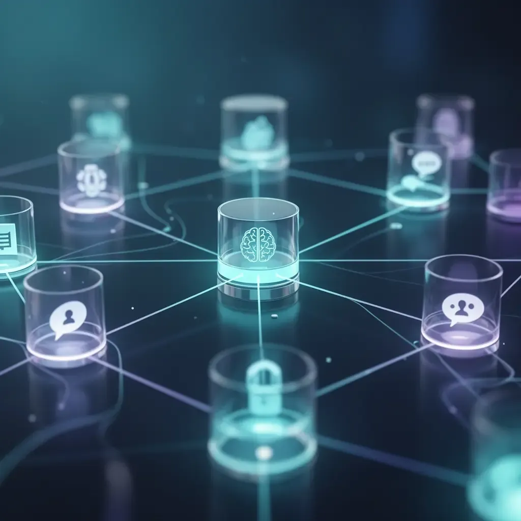 Visualización abstracta de una arquitectura de software donde la inteligencia artificial y las bases de datos se conectan de forma segura.