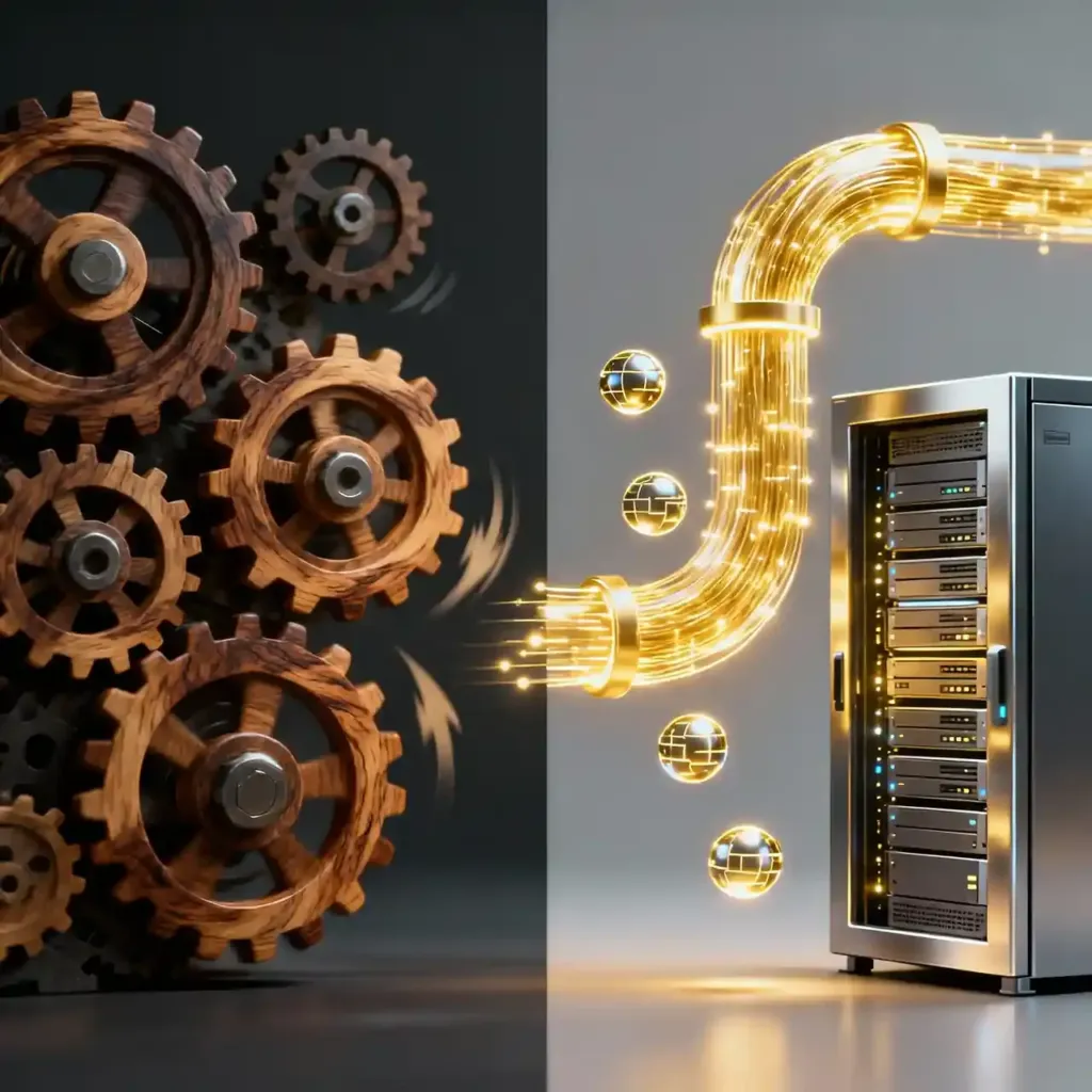 Ilustración conceptual que contrasta la rigidez de un CRM manual frente a la velocidad automatizada de un sistema con inteligencia artificial.