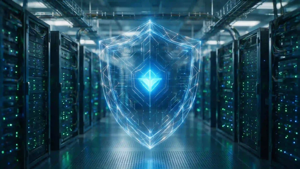 Escudo digital brillante protegiendo flujos de datos y servidores de inteligencia artificial corporativos.