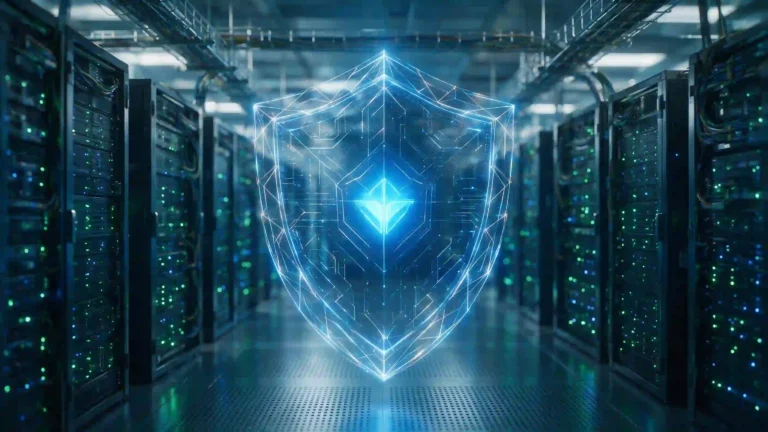 Escudo digital brillante protegiendo flujos de datos y servidores de inteligencia artificial corporativos.