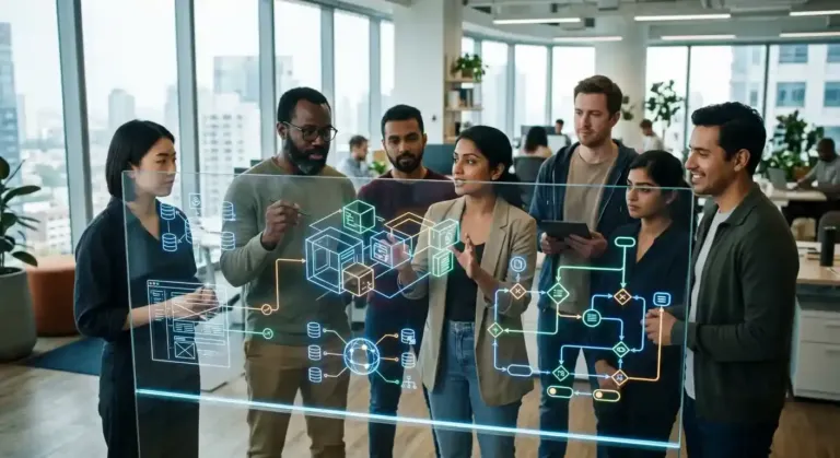 Equipo de ingenieros diseñando la arquitectura de un desarrollo de software a la medida con inteligencia artificial.