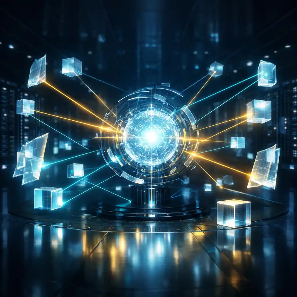 Representación digital de la tecnología RAG conectando una base de datos vectorial privada con un modelo de inteligencia artificial empresarial.