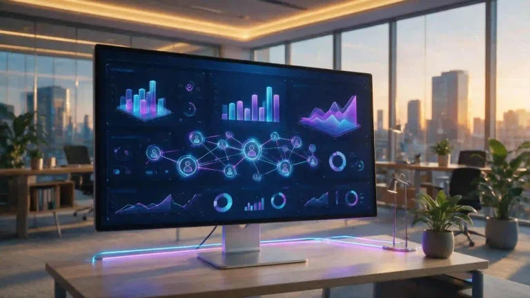 Interfaz moderna de un CRM con inteligencia artificial mostrando analíticas predictivas y conexiones de datos de clientes.