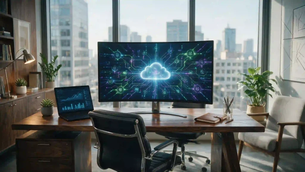 Estación de trabajo ejecutiva con gráficos de flujos de datos interconectados y automatizados en la nube.