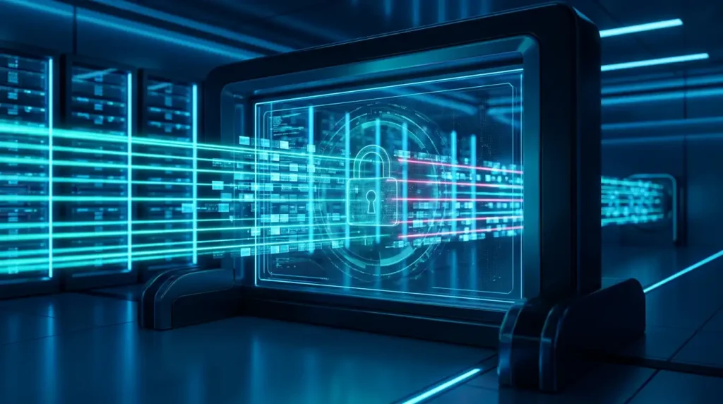 Filtro de seguridad digital representando los guardrails e inspección humana en la ejecución de agentes de IA.