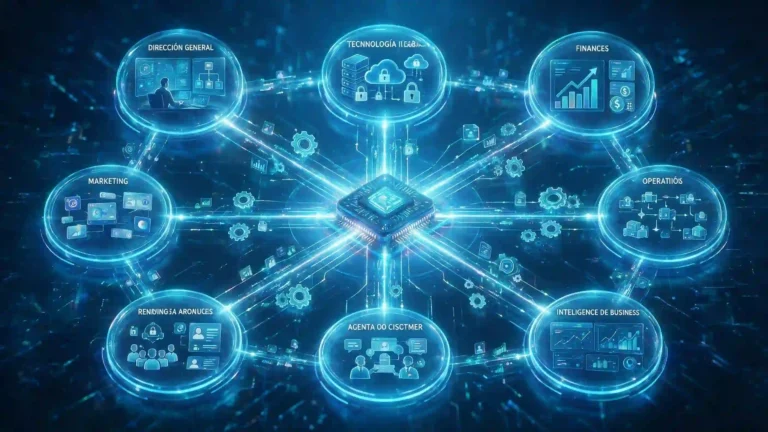 Representación digital de la hiperautomatización con inteligencia artificial conectando múltiples departamentos empresariales.