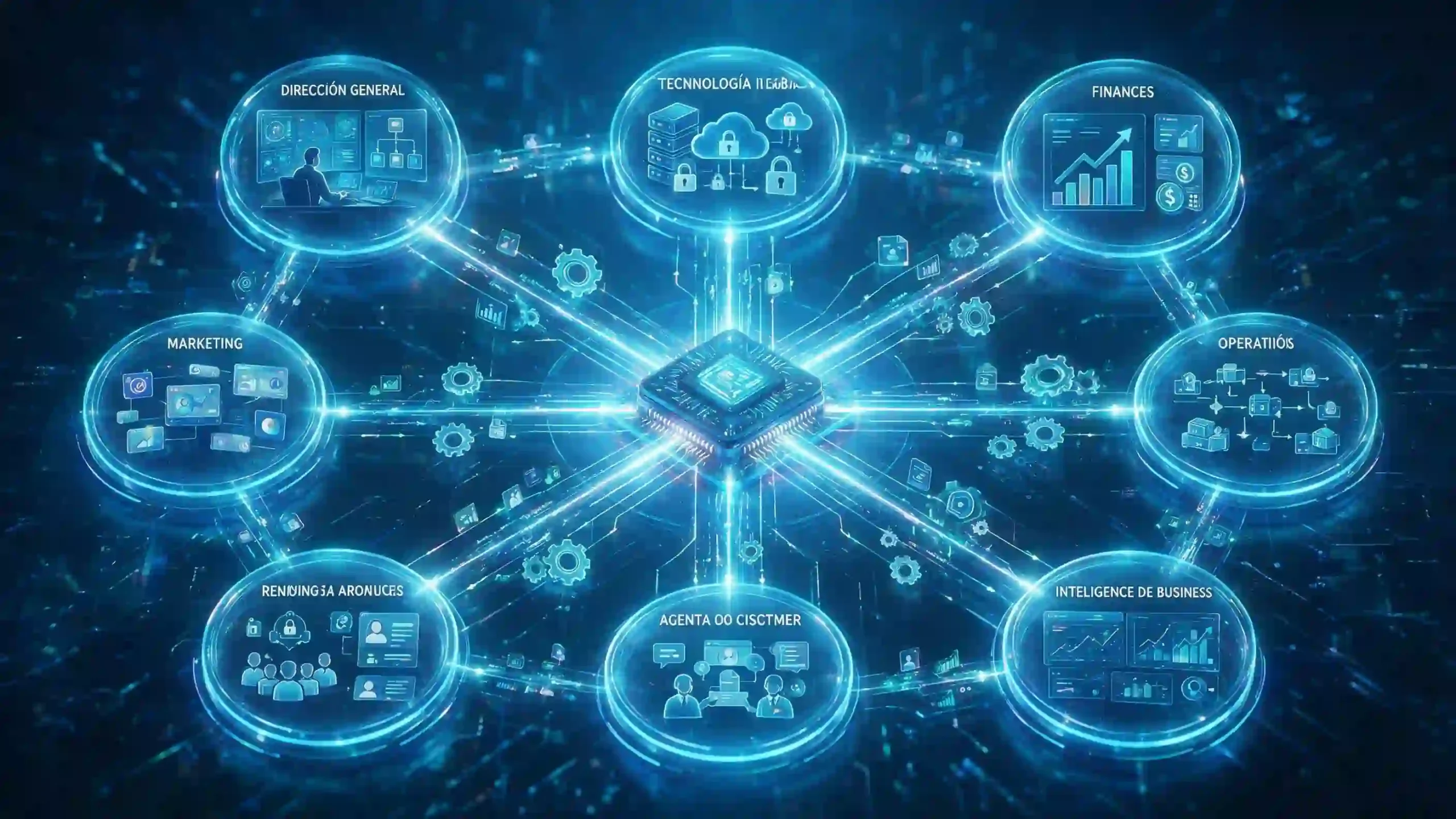 Representación digital de la hiperautomatización con inteligencia artificial conectando múltiples departamentos empresariales.
