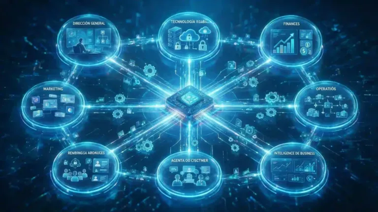Representación digital de la hiperautomatización con inteligencia artificial conectando múltiples departamentos empresariales.