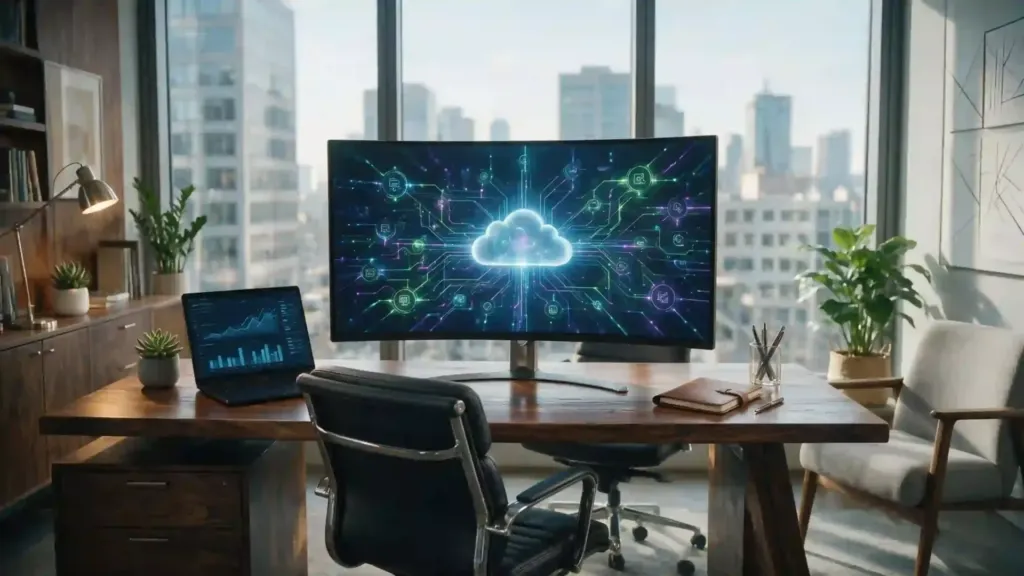 Estación de trabajo ejecutiva con gráficos de flujos de datos interconectados y automatizados en la nube.