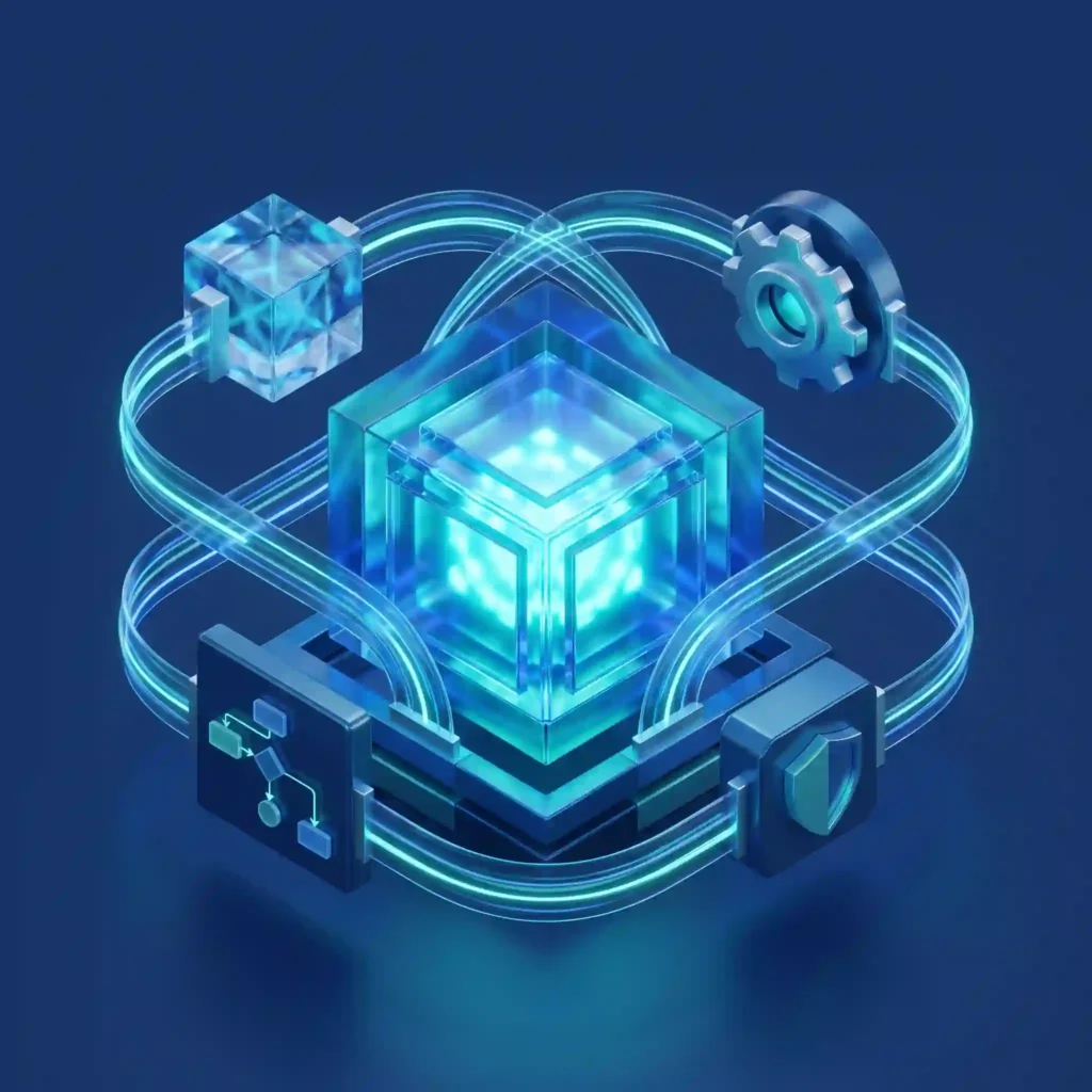 Esquema tridimensional que muestra los componentes de un agente autónomo de inteligencia artificial: cerebro, memoria, planificación y herramientas.