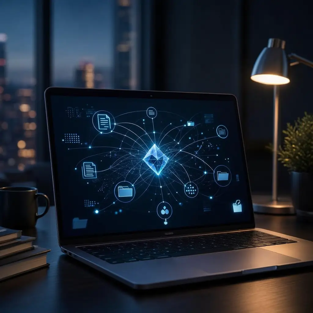 Computadora portátil en una oficina mostrando una interfaz de búsqueda semántica e inteligencia artificial conectada a archivos.