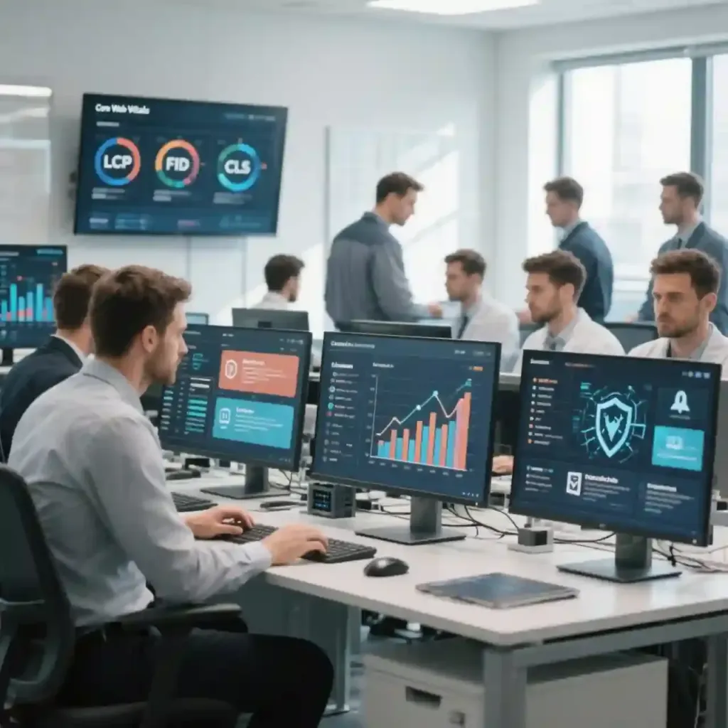 Panel de monitoreo utilizado durante el mantenimiento web para empresas con métricas de rendimiento y seguridad.
