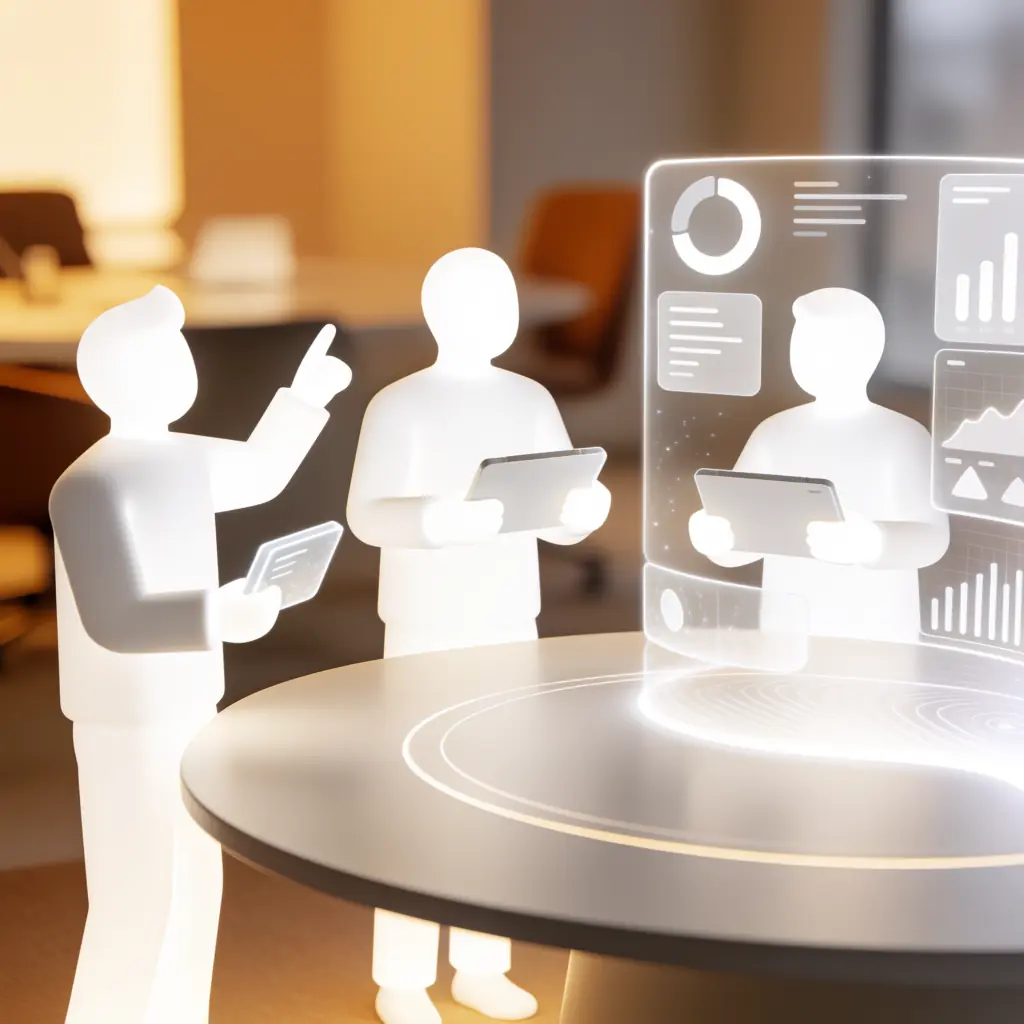 Representación conceptual de un sistema multi-agente donde varios asistentes de inteligencia artificial colaboran en tareas corporativas.