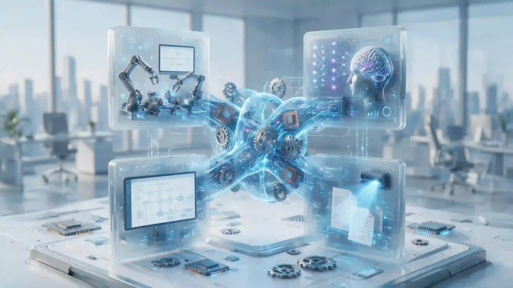 Ilustración en 3D de los cuatro pilares tecnológicos de la hiperautomatización empresarial.