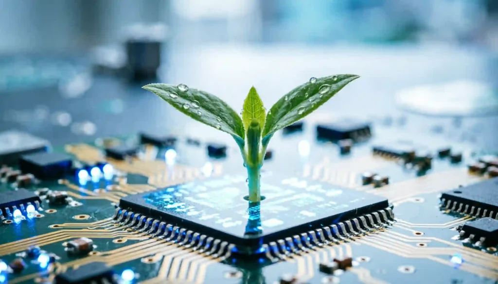 Planta creciendo sobre un circuito digital representando el retorno de inversión y crecimiento de una empresa gracias a la tecnología.