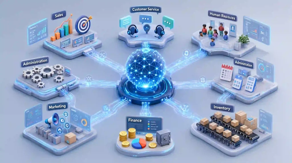 Procesos empresariales automatizados mediante Inteligencia Artificial en las áreas de ventas, administración, marketing y atención al cliente.