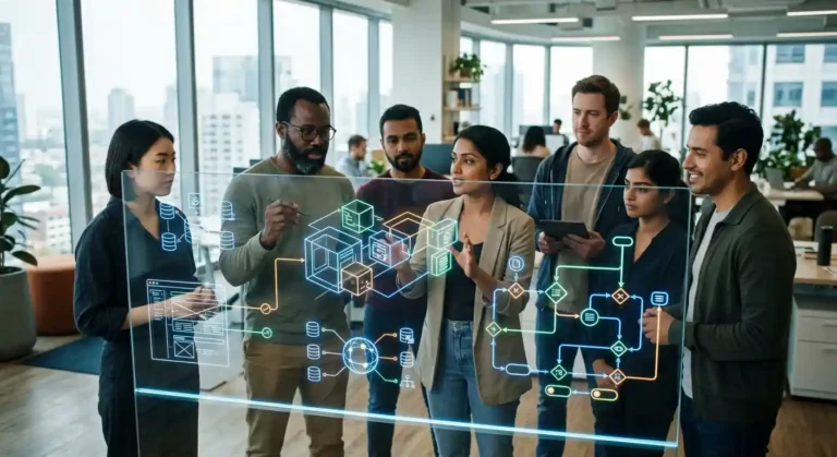 Equipo de ingenieros diseñando la arquitectura de un desarrollo de software a la medida con inteligencia artificial.
