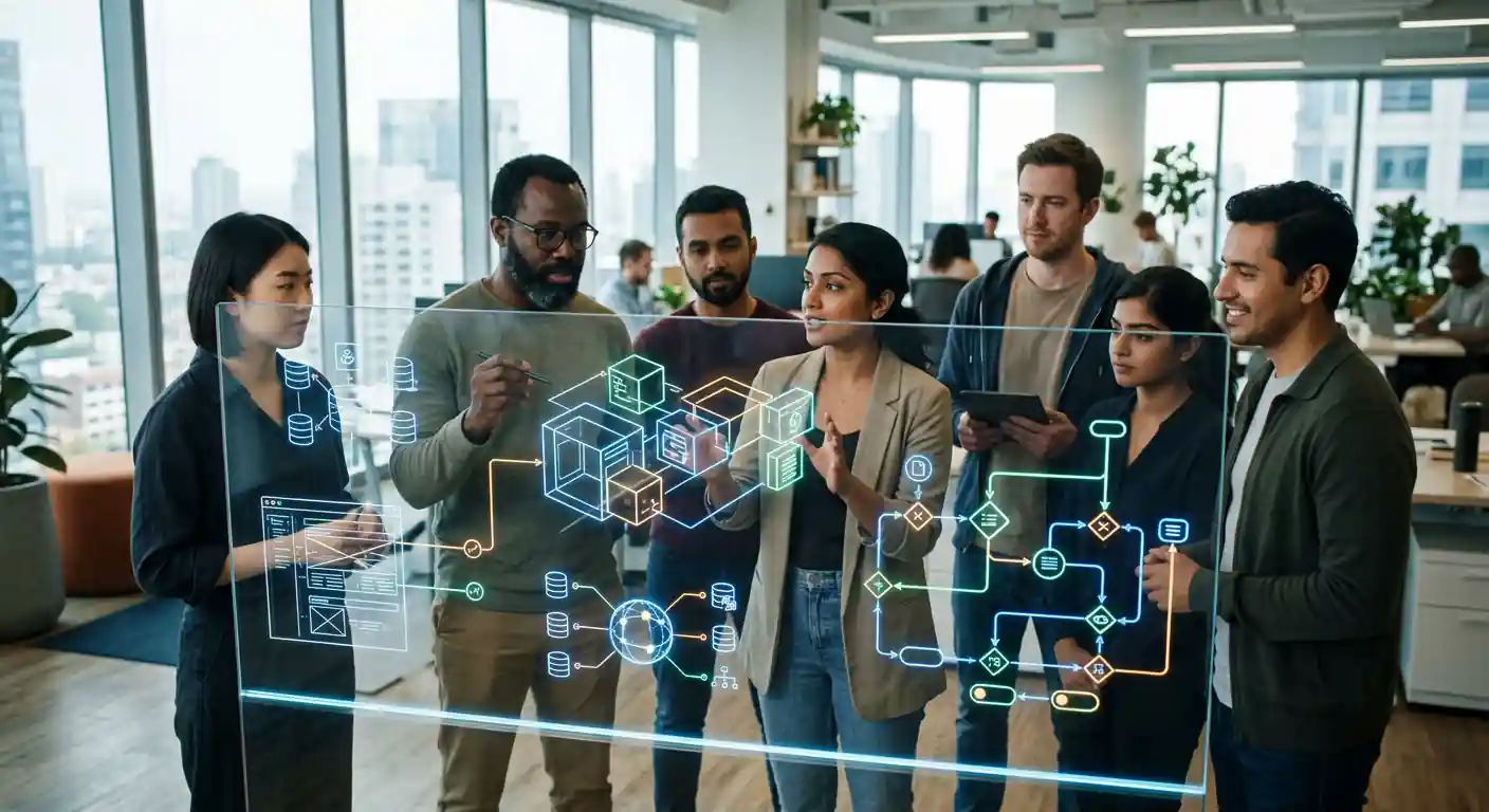 Equipo de ingenieros diseñando la arquitectura de un desarrollo de software a la medida con inteligencia artificial.